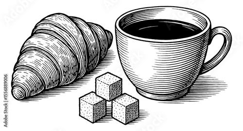 Engraved Illustration of Croissant, Coffee Cup, and Sugar Cubes in Black and White