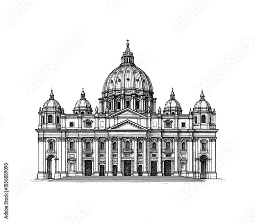 Detailed Engraving of St Peter Basilica in Vatican City, Black and White Front View