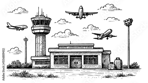 Illustration of Airport Terminal with Air Traffic Control Tower and Airplanes Taking Off and Landing