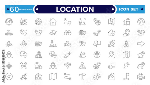 Location outline icon set. Containing map, map pin, gps, destination, directions, distance, place, navigation and address icons. Editable stroke outline icon.

