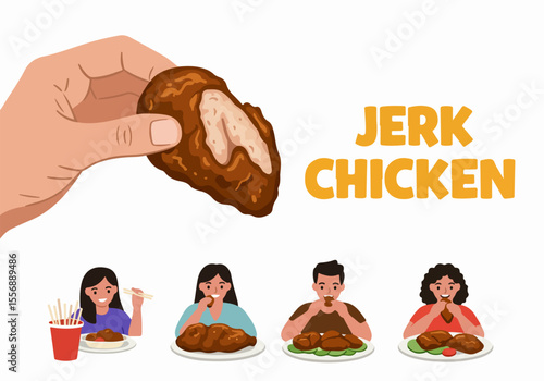 Illustration of a hand holding up a piece of jerk chicken with people enjoying a meal below.