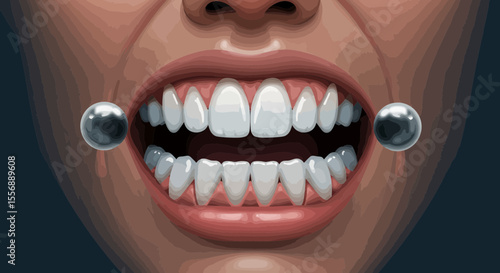 Illustration of an open mouth with vampire teeth and cheek piercing balls