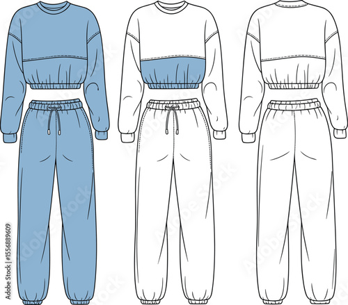 Women's comfy two-piece loungewear set fashion flat technical drawing, cropped sweatshirt and sweatpants, front and back views, casual apparel vector illustration.