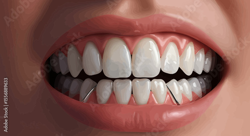 Close-up digital artwork of a mouth with white teeth and orthodontic wires holding them in place