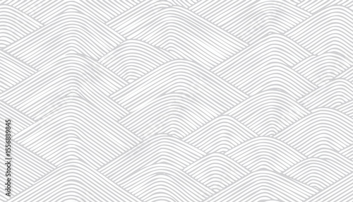 Seamless pattern of grey and white curved lines forming abstract hills background texture