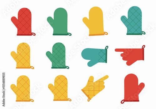 Collection of colorful oven mitts and kitchen gloves with pointing hand gestures illustrated in a simple flat graphic style on a white background.