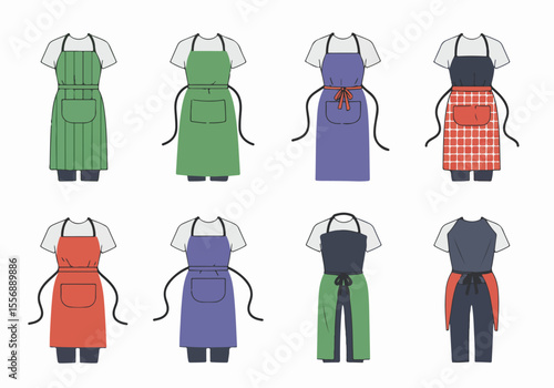 Set of various colorful aprons in different styles, useful as kitchenwear, protective clothing for cooking, baking, crafting, or as a professional uniform.