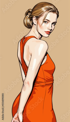Elegant woman in red dress looking back with a confident expression  