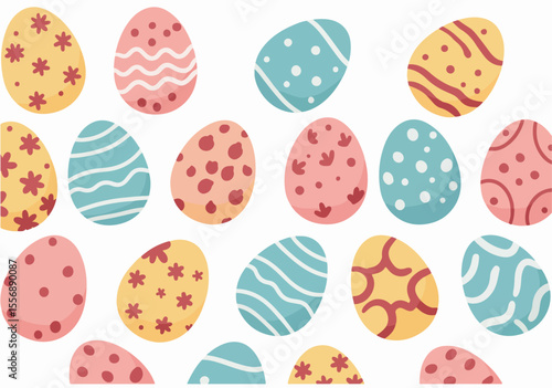 Colorful Easter eggs with various patterns in a seamless, festive pattern. Perfect for holiday backgrounds, decoration, and spring designs.