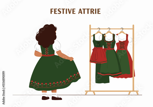 A person selects a traditional German dirndl dress for a festive event, with other dirndls on a rack.