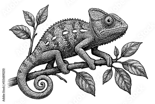 Detailed Engraving Illustration of a Chameleon on a Branch with Leaves, Isolated on White Background