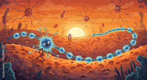 Cartoon illustration of neurons transmitting signals across an alien landscape