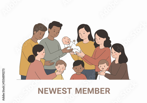 Happy multi-generational diverse family welcoming a new baby member, showing love, connection, and unity in a flat illustration.