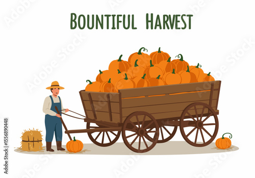 Farmer with a Cart Overflowing with Pumpkins Representing a Bountiful Autumn Harvest