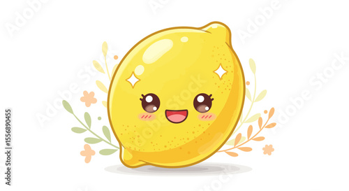 Adorable cartoon lemon character with a happy expression, surrounded by foliage