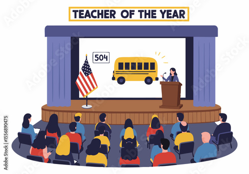 Educator giving speech at Teacher of the Year event with audience and screen showing school bus illustration