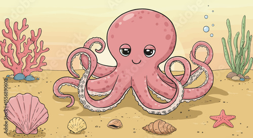 Delightful cartoon octopus with coral and seashells in an underwater scene