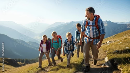 Happy family hiking in mountains