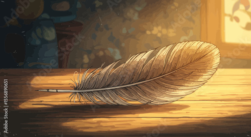 Aesthetic Feather on Wooden Table, warm sunlight, artistic illustration