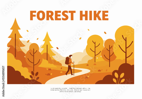 Flat vector illustration of a person hiking through an autumn forest landscape with colorful trees and a winding path.