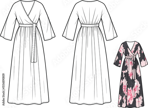 Wrap dress technical flat sketch, kimono sleeve maxi gown, front and back view, floral fashion illustration, clothing design template

 flat vector illustration
