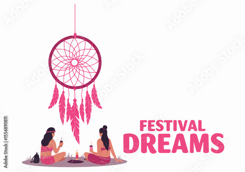Minimalist illustration of two women relaxing outdoors under a dreamcatcher, representing festival dreams and bohemian lifestyle.