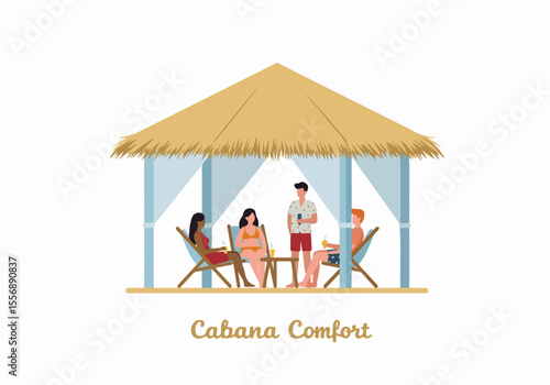 Flat vector illustration of friends enjoying relaxation under a thatched cabana on a beach or poolside, symbolizing summer holidays and tropical resort comfort.