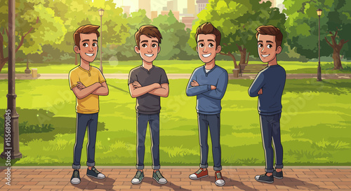 Four Stylish Cartoon Men Standing Confidently in a Lush Green Park Setting
