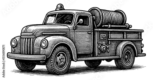 Vintage Fire Truck with Hose Reel in Detailed Engraved Style Black and White Line Art