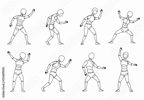 Collection of articulated figure drawing mannequins in various dynamic poses, line art vector illustration on white background for art reference and study.
