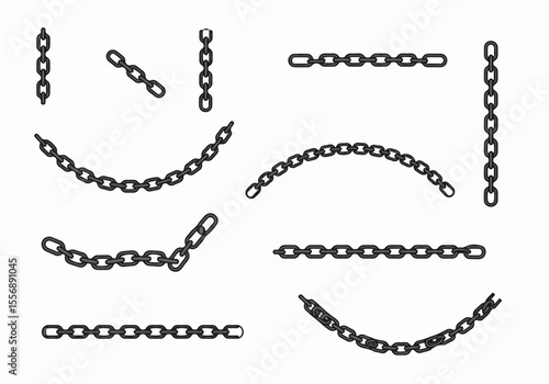 Collection of Metal Chain Segments in Various Orientations and Shapes Isolated on White Background - Vector Illustration