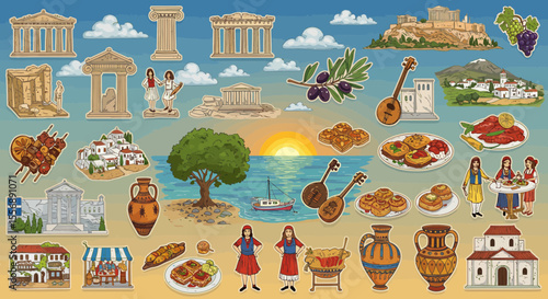 Vibrant sticker collection showcasing iconic elements of Greece and its culture