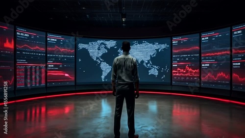 Surveillance room with global map and data displays.