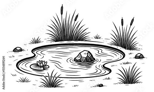 Illustration of a peaceful pond with a rock, water lily, reeds, and grass in black and white