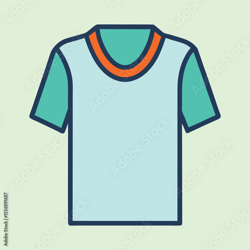 A light blue tshirt with green sleeves and an orange neckline