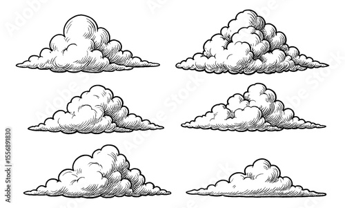 Set of Engraved Cloud Illustrations, Vintage Style Hand Drawn Cloud Collection