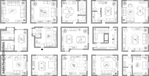  Modern apartment floor plan collection, black and white architectural layout, interior design blueprint set, home furniture placement, top view drawing flat vector illustration