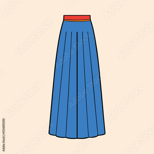Illustration of a blue midi skirt with an orange and red waistband