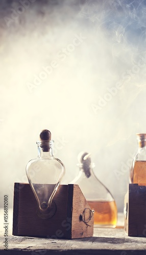 Apothecary glass vials in atmospheric smoke