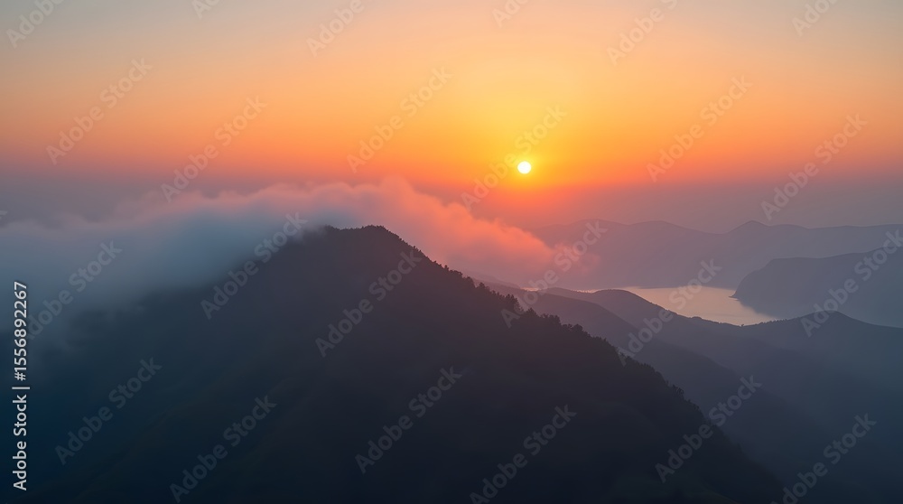 Fototapeta premium A breathtaking sunrise illuminates mountain peaks veiled in soft clouds, reflecting serenity and awe