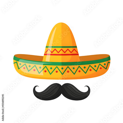 Mexican national headgear - sombrero accompanied by a black mustache. Illustrated in a cartoon flat style.
