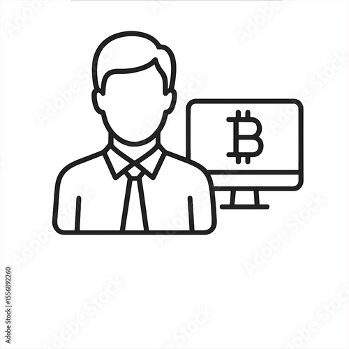 Line icon of cryptocurrency bank operator working with digital assets and blockchain interface