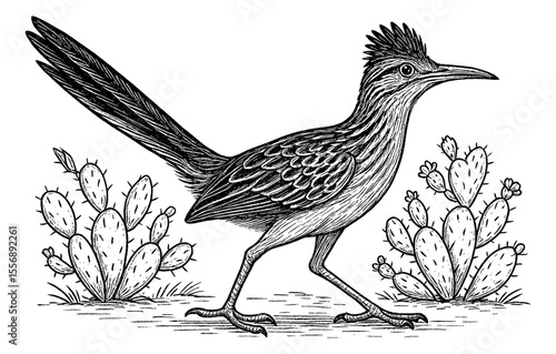 Roadrunner Walking Near Cactus in Detailed Black and White Line Art Drawing