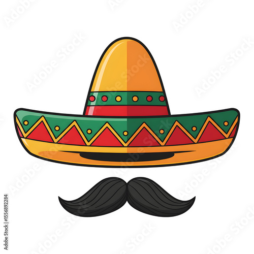 Headgear of Mexico - sombrero and a black mustache. Presented in a cartoon flat style.
