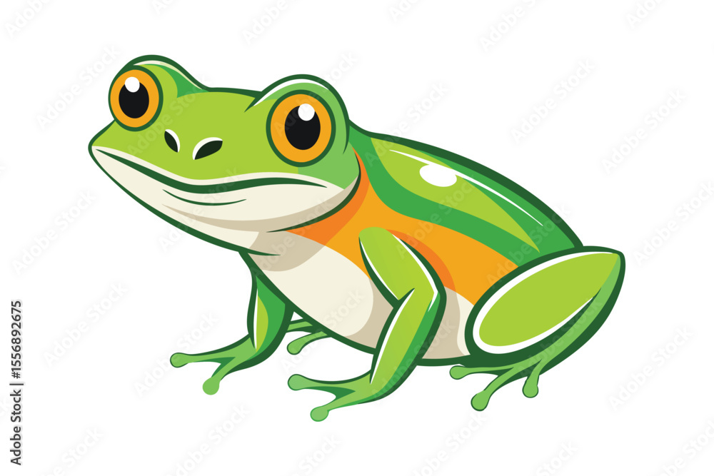 Obraz premium Vivid green and orange cartoon frog is sitting, looking directly forward with charm