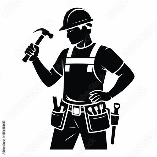 Black and white carpenter silhouette holding hammer with tool belt
