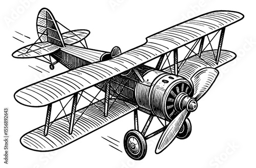 Monochrome detailed illustration of a vintage biplane flying in the sky, antique engraving