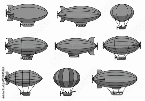 Set of Vintage Grayscale Blimp and Hot Air Balloon Illustrations