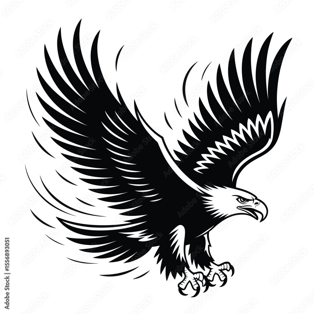 Fototapeta premium Black and white eagle illustration with outstretched wings and sharp talons