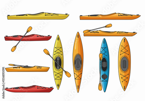Collection of colorful illustrated kayaks and paddles in various views on a white background, depicting water sports equipment and outdoor recreation.